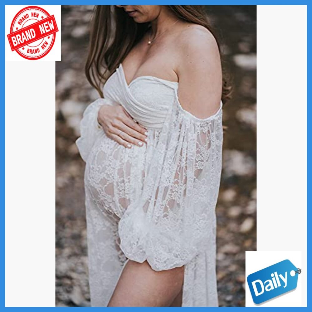 Soft Stretchy Lace Off Shoulder A-Line Maternity Maxi Dress for Photoshoot - Picture 5 of 7